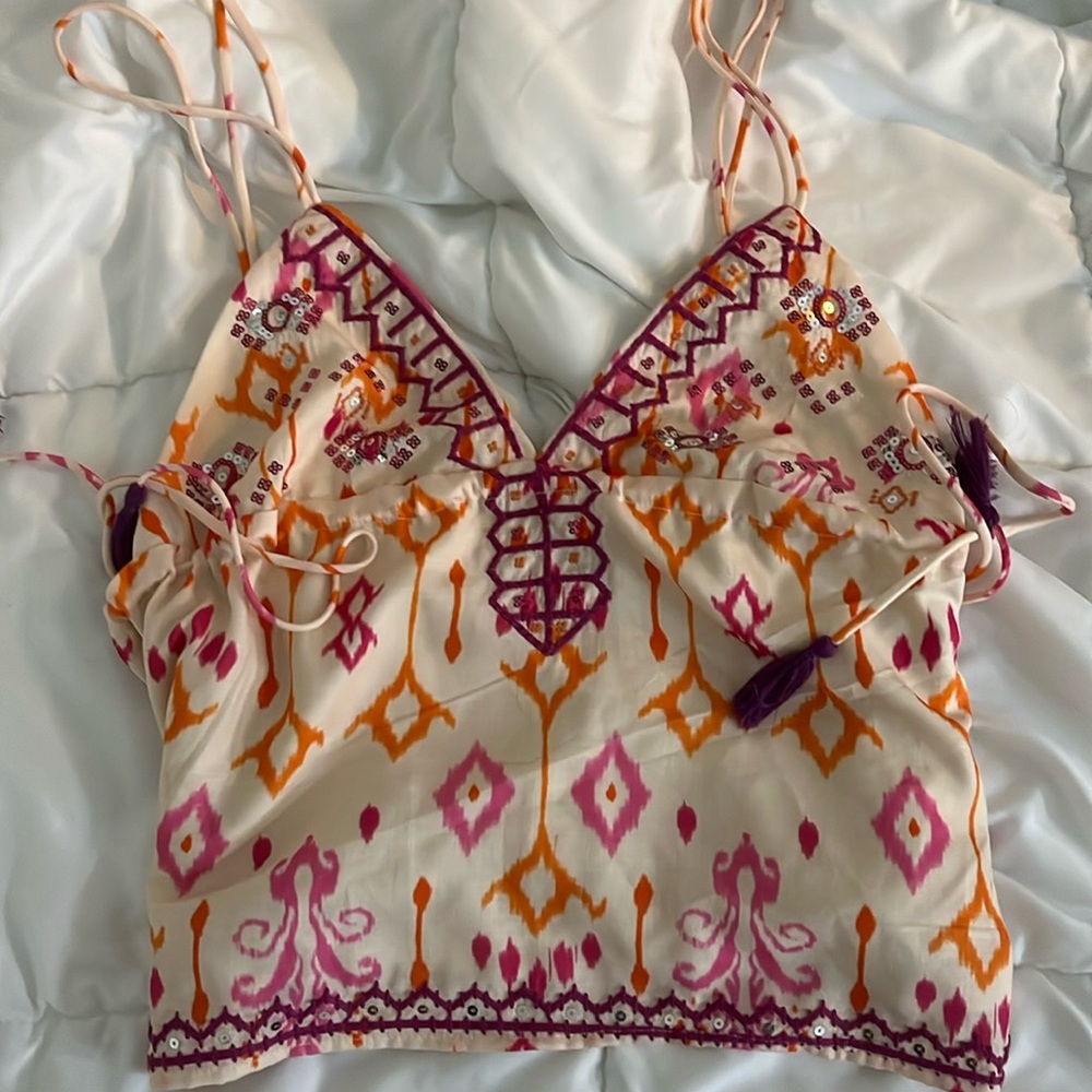 Sequin embroidered eyelet tank top